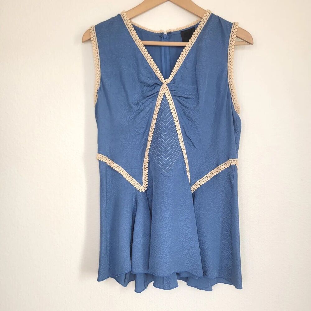 Anna Sui Blue 100% Silk Fit And Flare Tunic Tank Top Crochet Lining Size Small